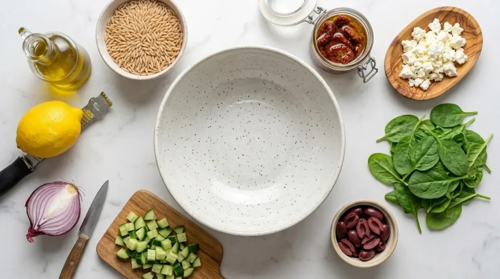 Fresh ingredients for Mediterranean Orzo Salad arranged on a white marble tabletop, including lemon, spinach, feta, and olives.