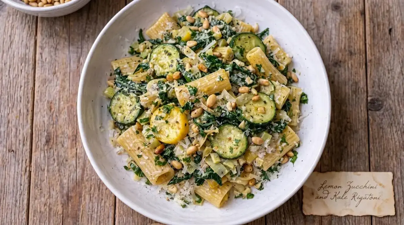 A white bowl filled with Lemon Zucchini and Kale Rigatoni topped with toasted pine nuts and parmesan cheese on a wooden table.