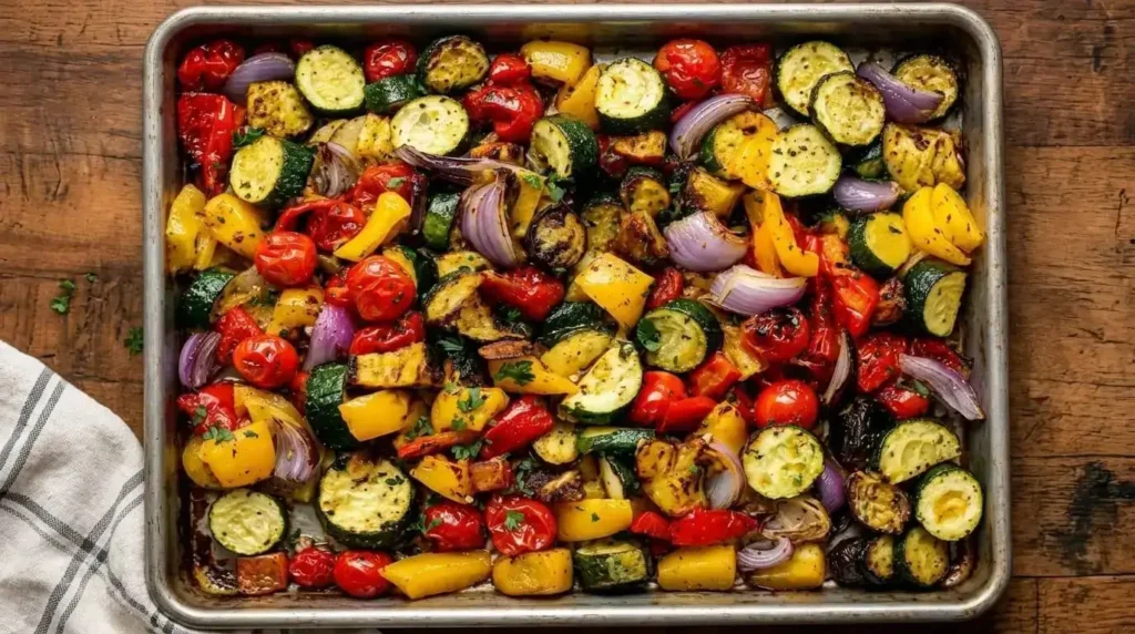 Sheet pan filled with caramelized Oven-Roasted Mediterranean Vegetables including zucchini, peppers, tomatoes, and red onions garnished with parsley.
