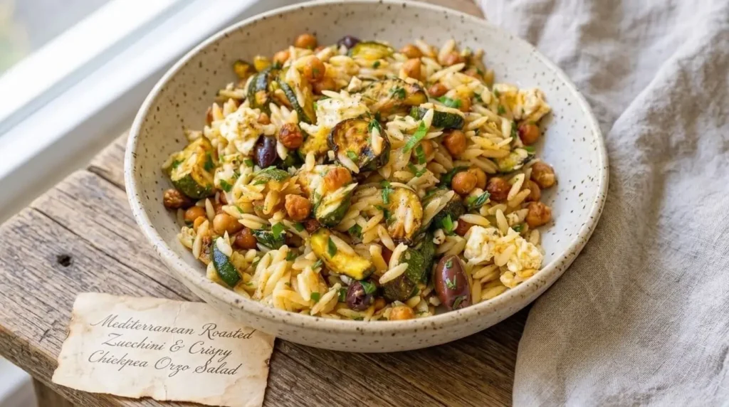 Mediterranean Roasted Zucchini and Crispy Chickpea Orzo Salad in a ceramic bowl on a wooden table.