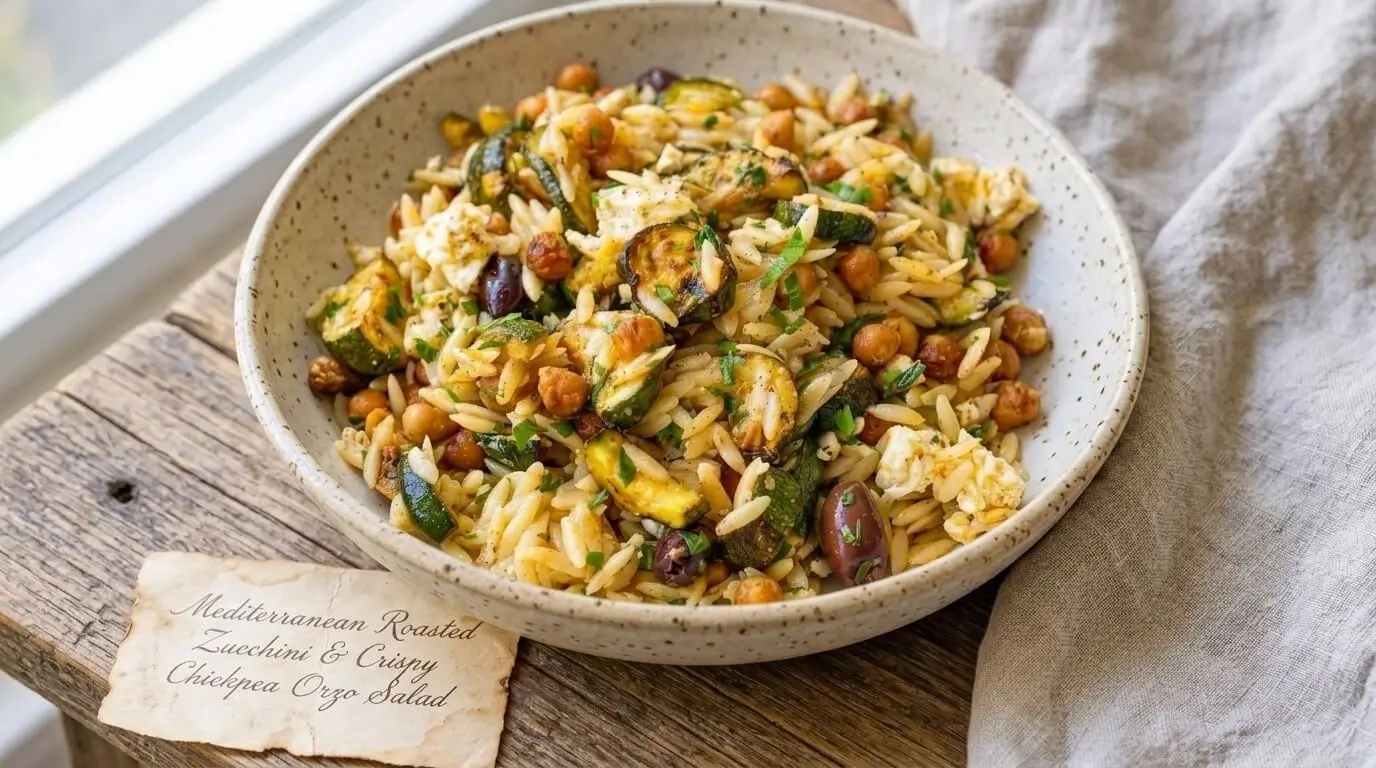 Mediterranean Roasted Zucchini and Crispy Chickpea Orzo Salad in a ceramic bowl on a wooden table.