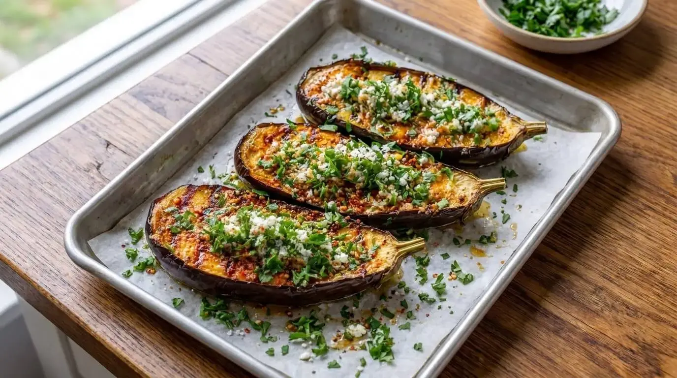 Baked eggplant halves topped with crumbled feta cheese, red chili flakes, and fresh green parsley on a parchment-lined baking sheet.