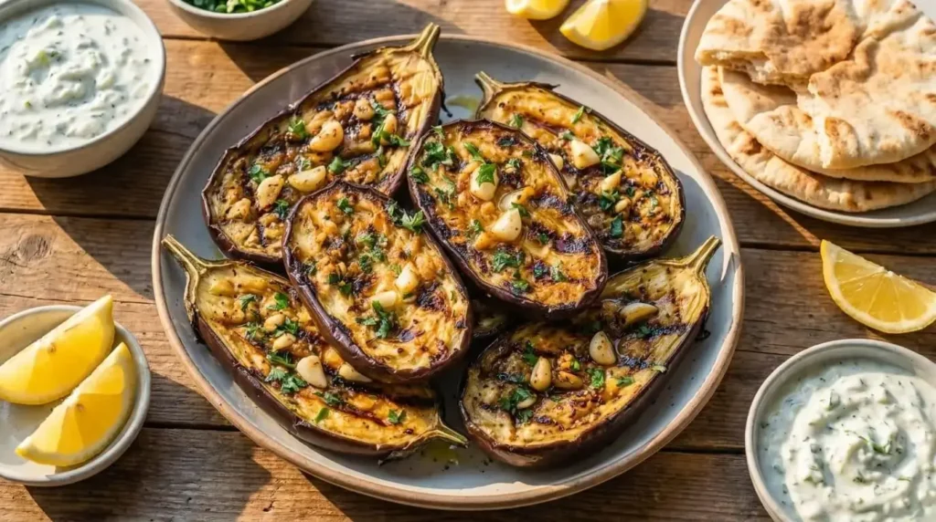Platter of grilled eggplant halves garnished with fresh herbs and served alongside Mediterranean side dishes.