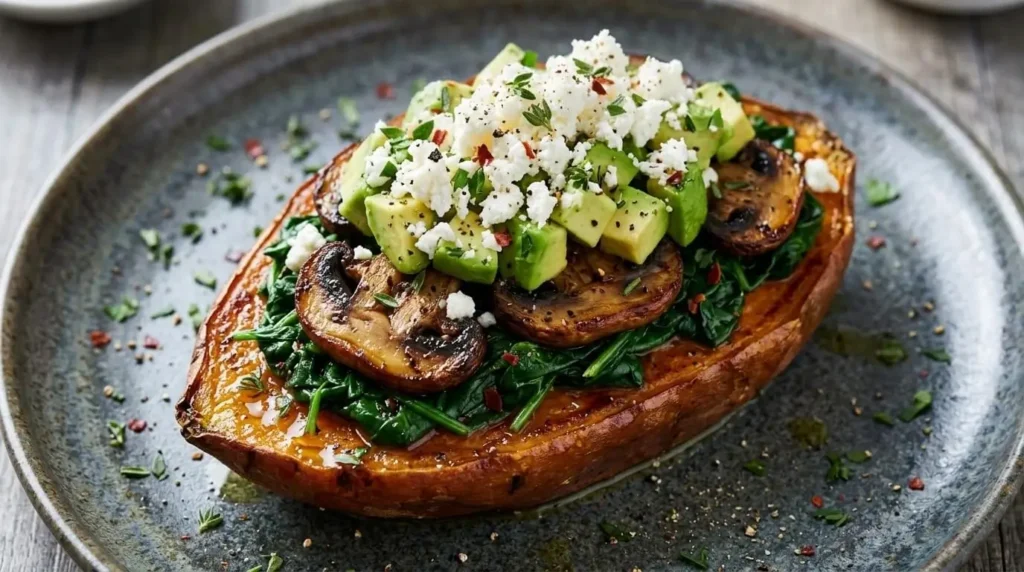 Mediterranean-Style Loaded Sweet Potato topped with sautéed spinach, caramelized mushrooms, fresh avocado, and crumbled feta cheese.
