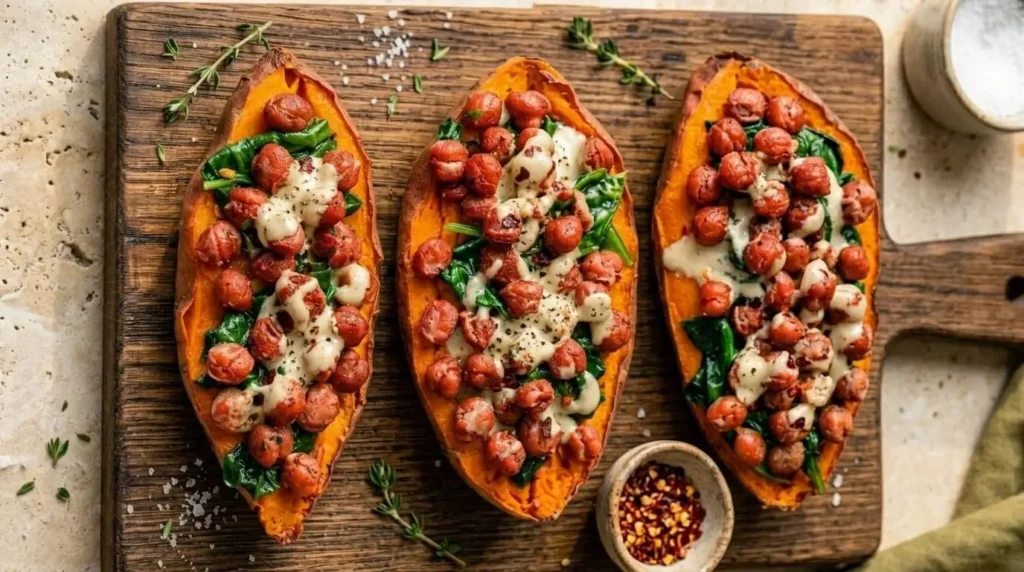 Three Spinach and Crispy Chickpea Stuffed Sweet Potatoes drizzled with lemon tahini sauce on a wooden board.