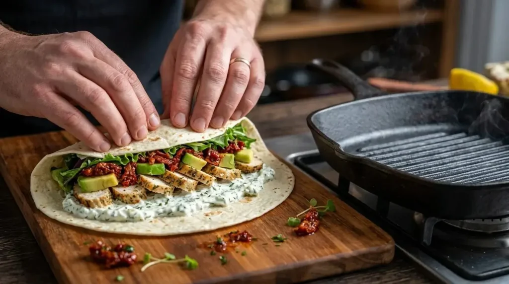 Assembling a chicken avocado wrap with tzatziki, greens, and sun-dried tomatoes