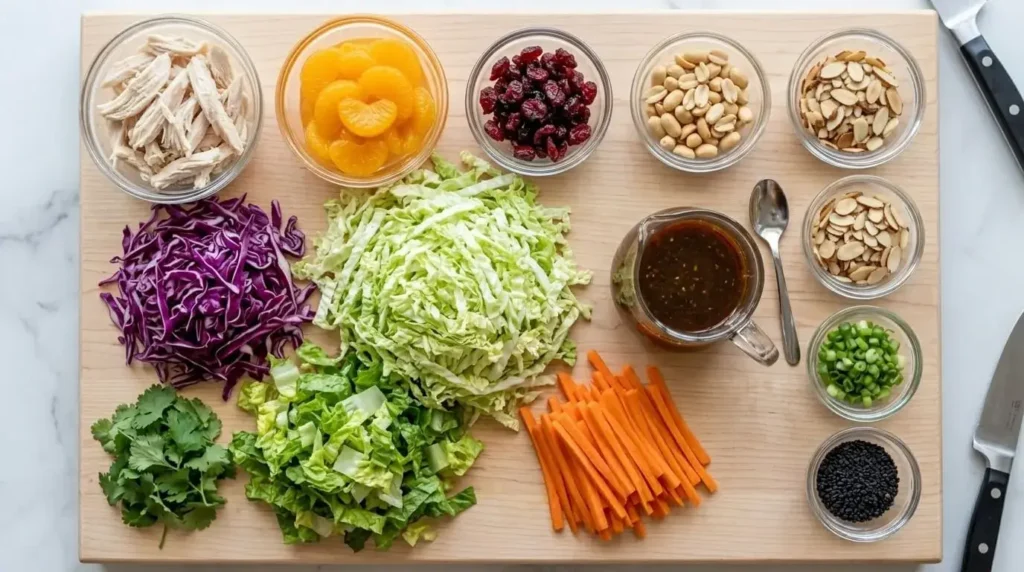 Fresh ingredients for Mediterranean Style Asian Chicken Salad arranged on a wooden board including chicken, cabbages, carrots, mandarins, and nuts.
