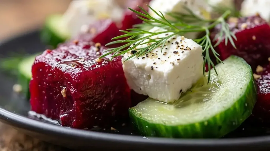Close-up of roasted beetroot cube, cucumber half-moon, white feta cube, and fresh dill