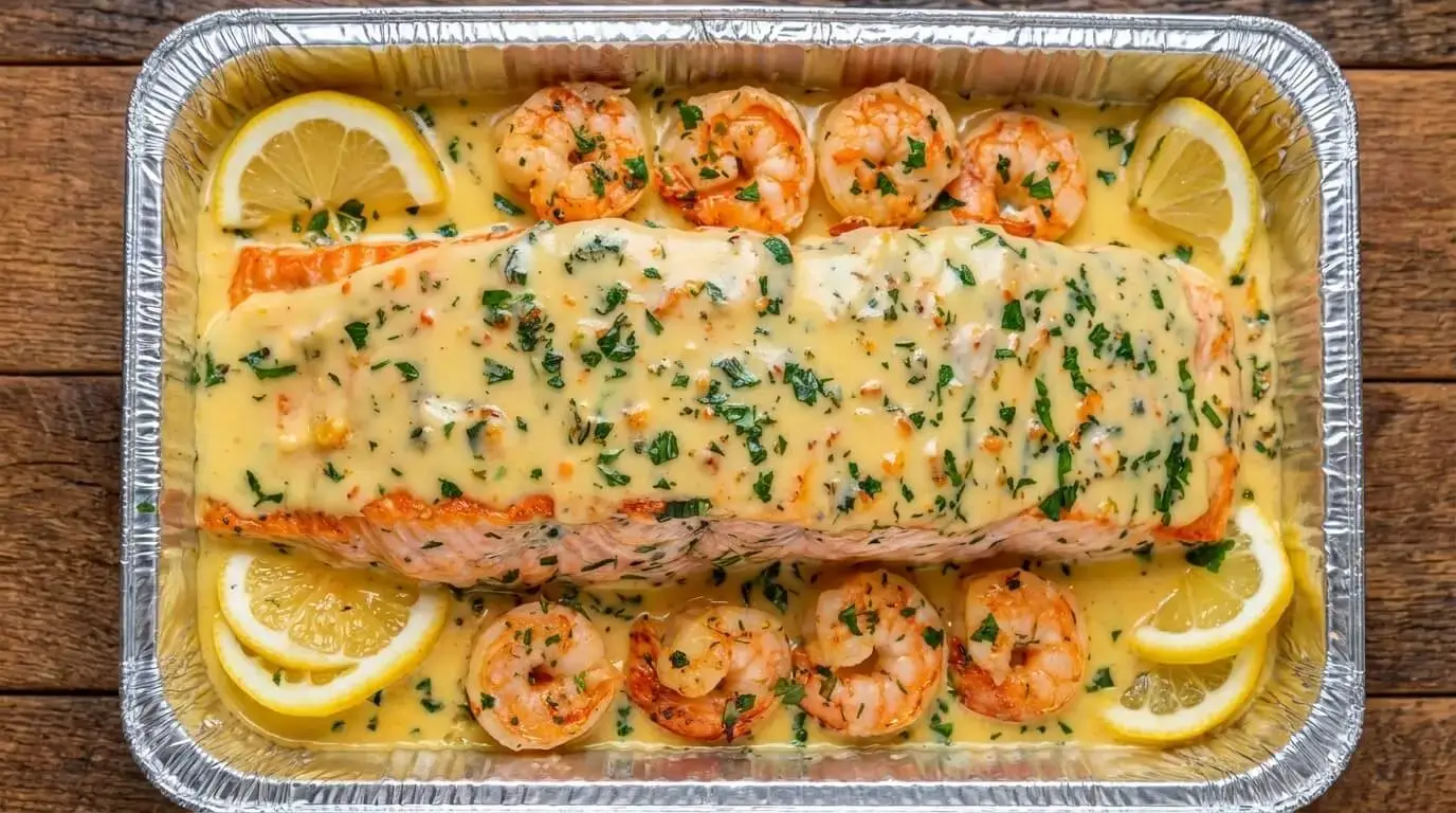Top-down view of Creamy Garlic Butter Salmon and Shrimp Bake in an aluminum baking tray garnishing with fresh parsley and lemon slices.