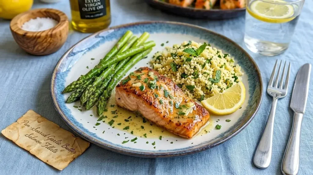 Plated garlic butter salmon fillet served with asparagus and lemon herb couscous.