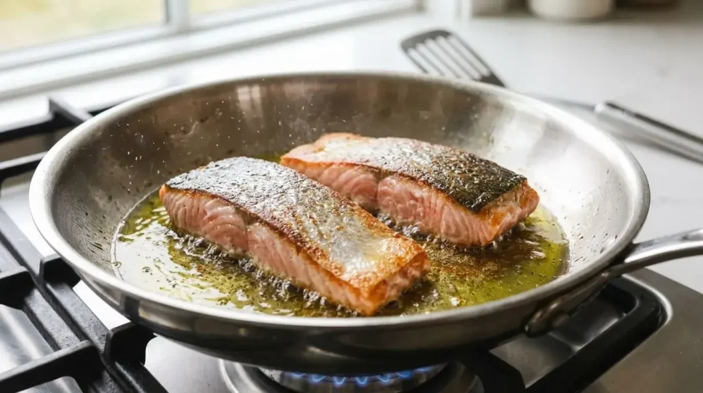 Searing salmon fillets in a skillet with olive oil for salmon piccata