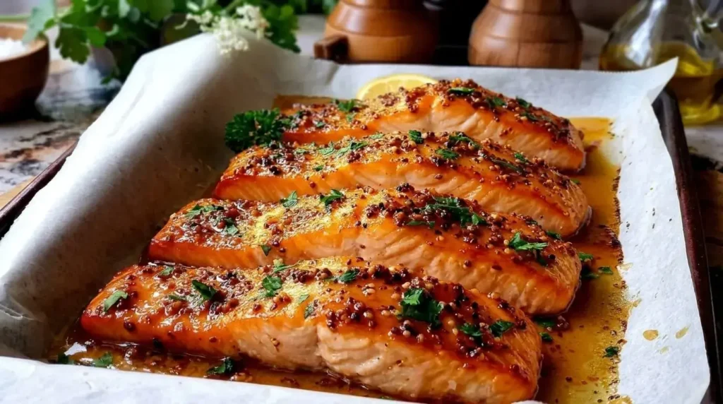 Baked Mediterranean mustard glazed salmon fillets on a parchment lined baking sheet garnished with whole grain mustard seeds and fresh parsley.