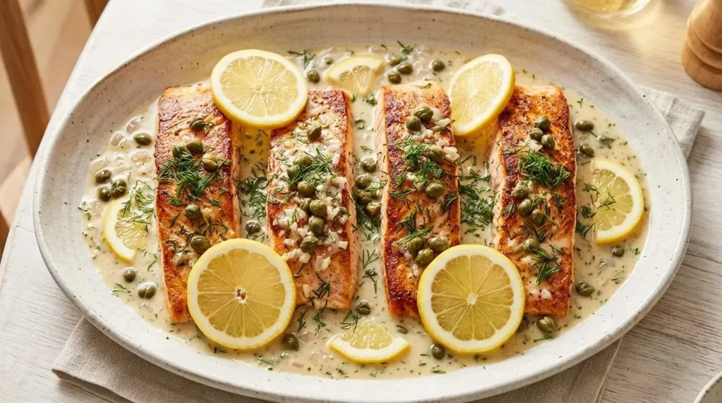 Lemon caper salmon piccata with creamy lemon sauce, capers, dill, and lemon slices