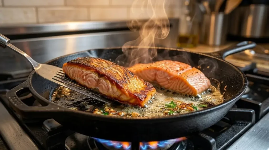 Searing salmon fillets in a cast-iron skillet to build a crispy golden crust.