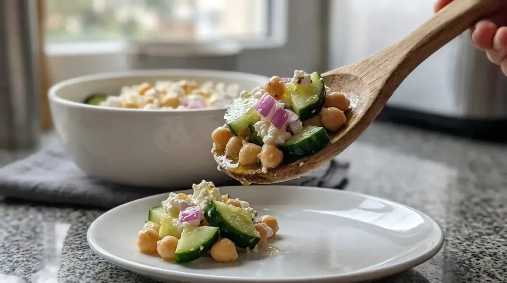 A portion of tossed chickpea cucumber salad with feta cheese being served with a wooden spoon.