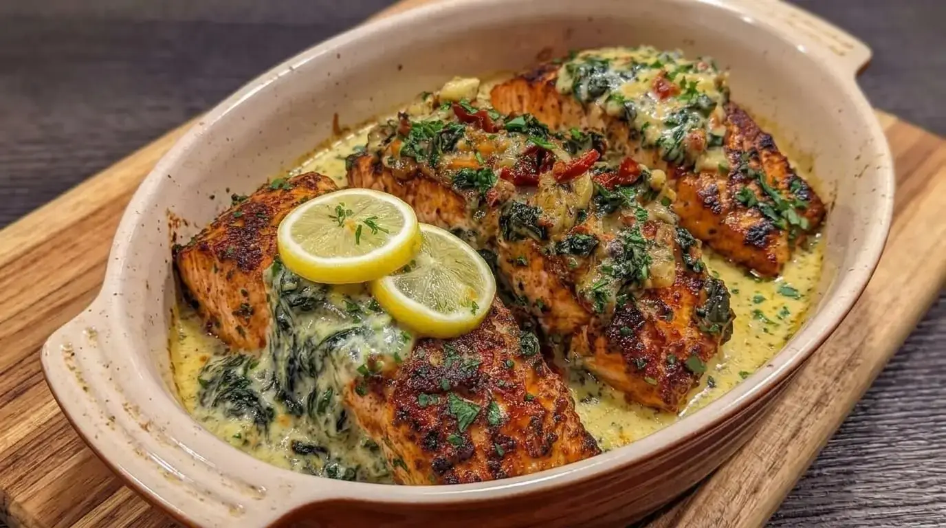 Easy Mediterranean baked salmon with spinach sauce topped with fresh lemon wheels in a ceramic baking dish.