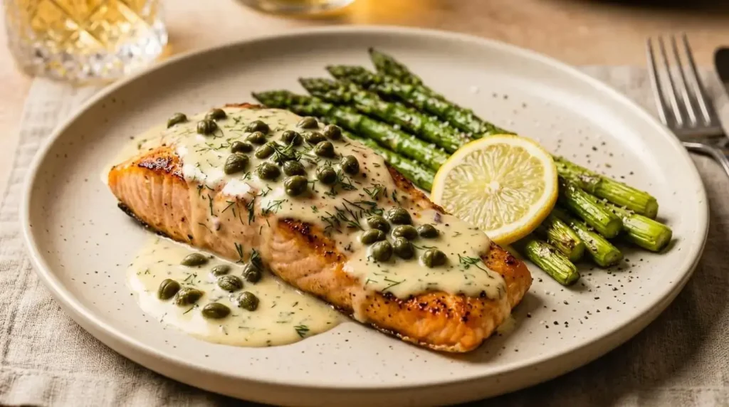 Plated salmon piccata fillet topped with creamy lemon caper sauce and fresh dill