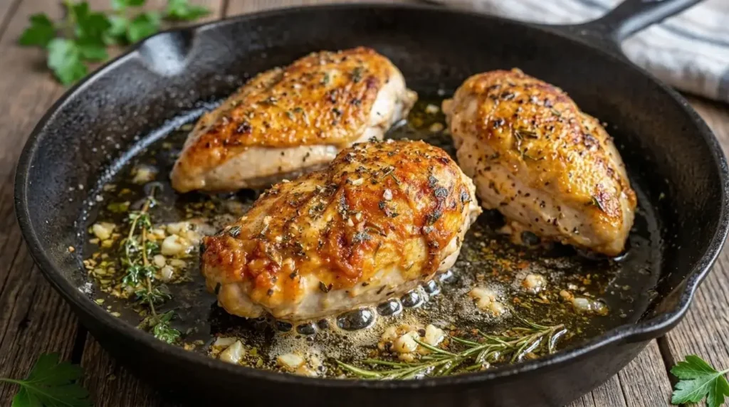 Golden seared chicken breasts cooking in a skillet with olive oil