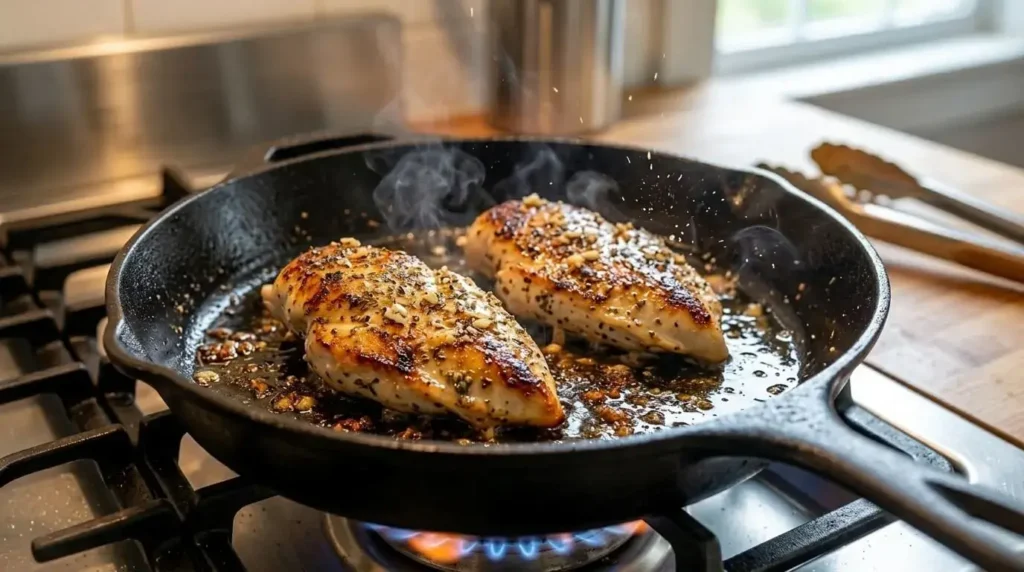 Action shot of seasoned chicken breasts searing and sizzling in a cast-iron skillet with extra-virgin olive oil, developing a golden crust.