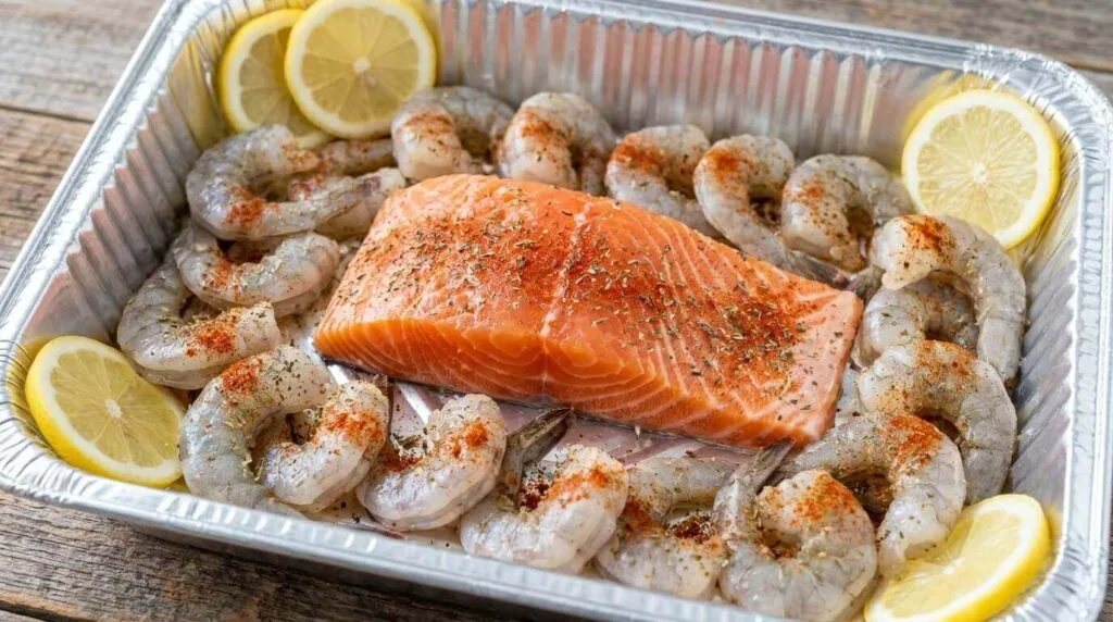 Raw salmon fillet and peeled shrimp arranged in an aluminum tray seasoned with spices and lemon slices before baking.