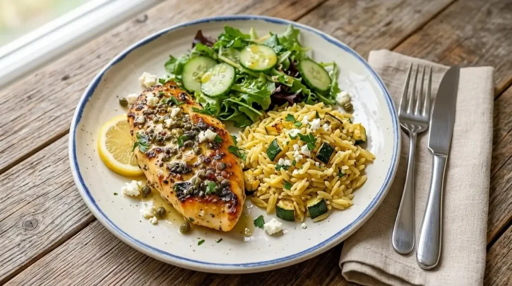 A single plated serving of Greek Lemon-Caper Chicken with Feta on an artisanal plate, served with lemon orzo, roasted zucchini, and a fresh green salad.
