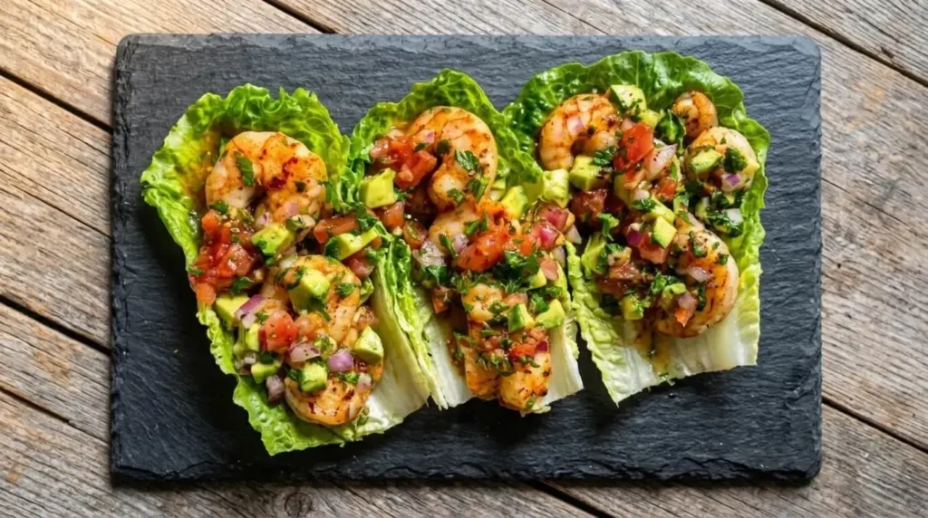 Fresh Mediterranean shrimp avocado lettuce boats topped with tomato salsa on a slate board.