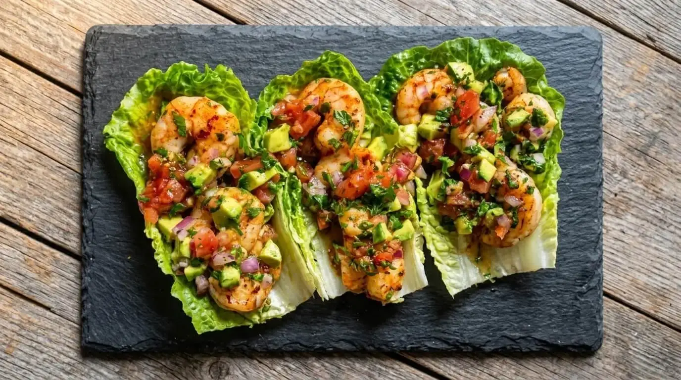 Fresh Mediterranean shrimp avocado lettuce boats topped with tomato salsa on a slate board.