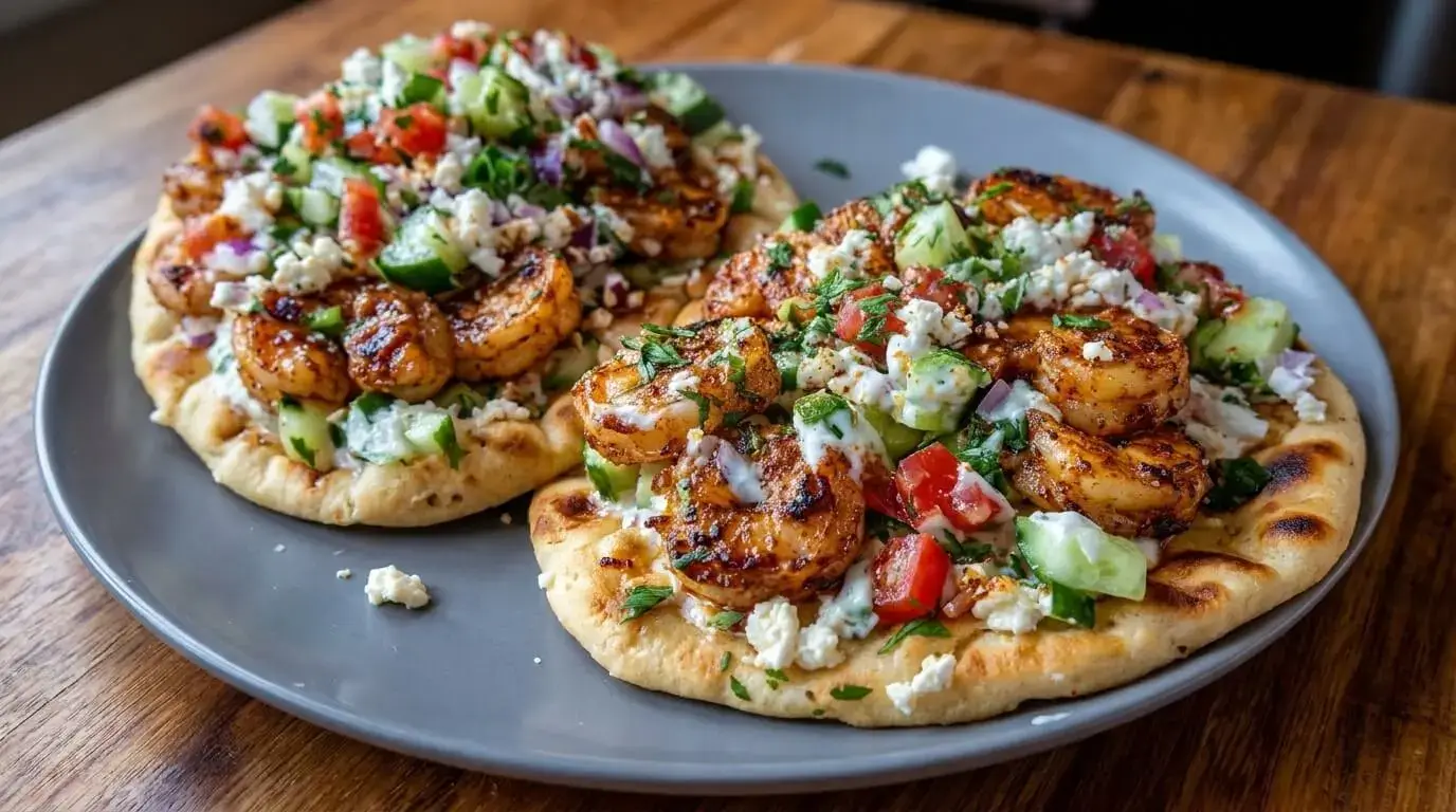 Two Mediterranean shrimp flatbreads topped with seared charred shrimp, tzatziki, diced cucumber, tomatoes, and crumbled feta cheese on a dark ceramic plate.