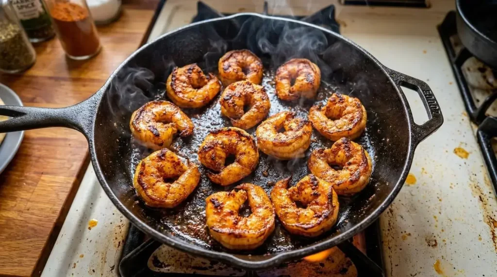 Large garlic paprika shrimp searing in a hot cast-iron skillet with charred caramelized edges.