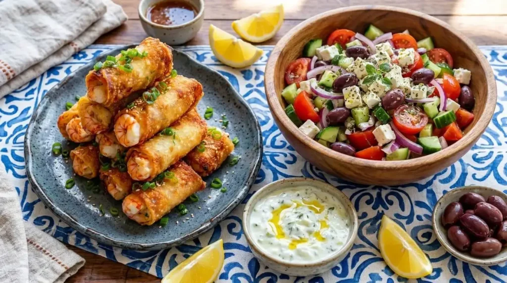 Mediterranean dining table spread featuring shrimp spring rolls, Greek feta salad, tzatziki, and lemon wedges.
