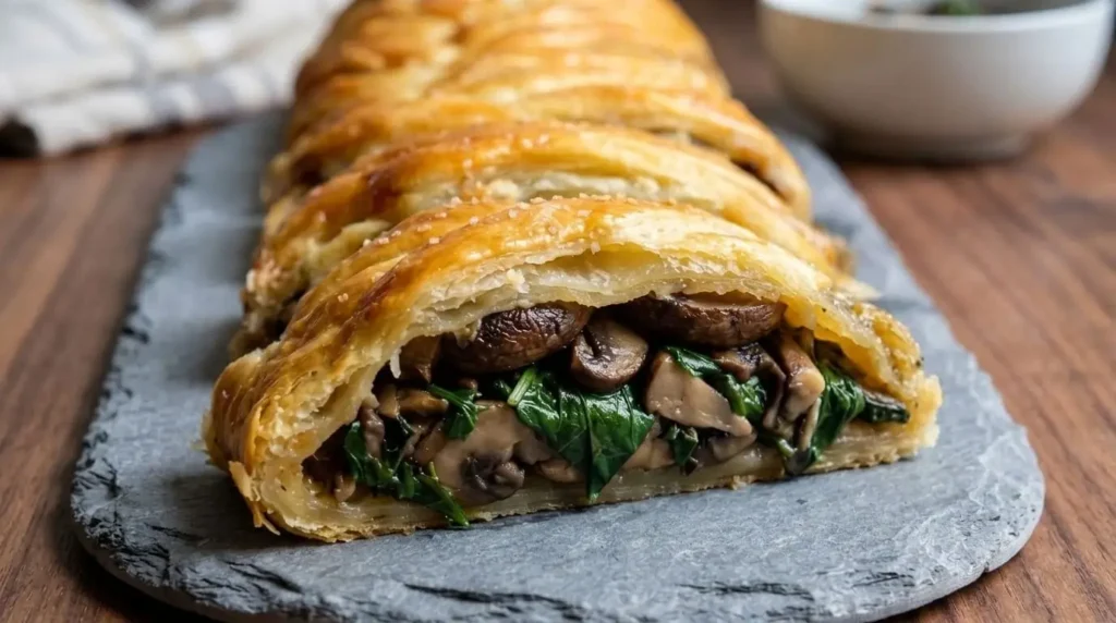 Sliced Mushroom and Spinach Braided Puff Pastry Strudel on a dark slate board showing a filling of mushrooms, spinach, and melted cheese.