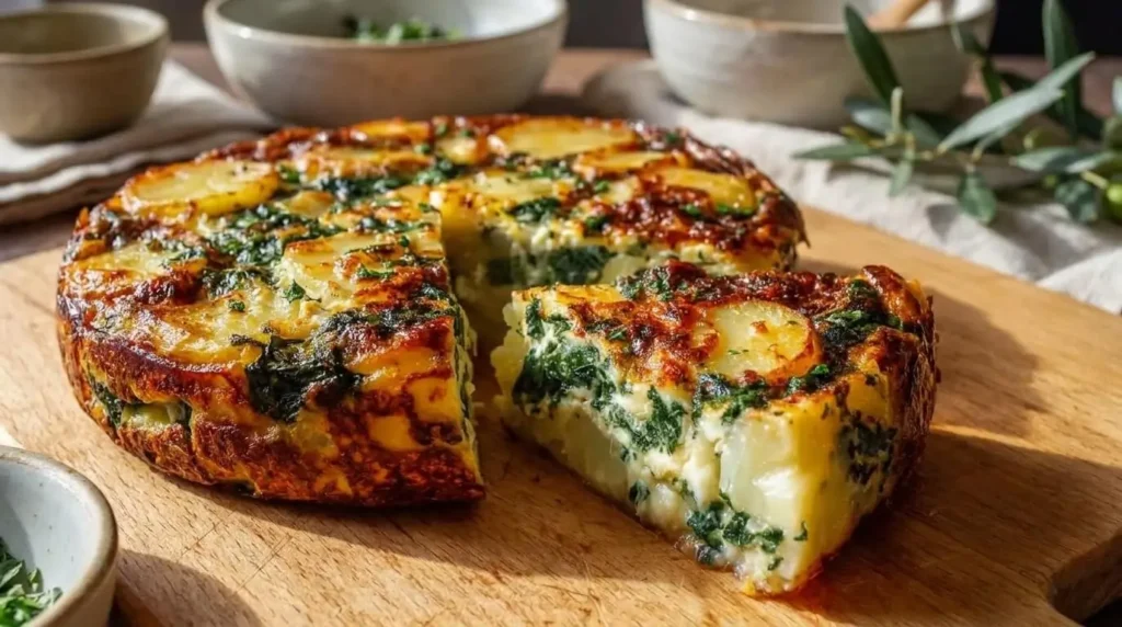 A slice of rustic Mediterranean potato and spinach quiche displaying thick layers of tender potatoes and green spinach.