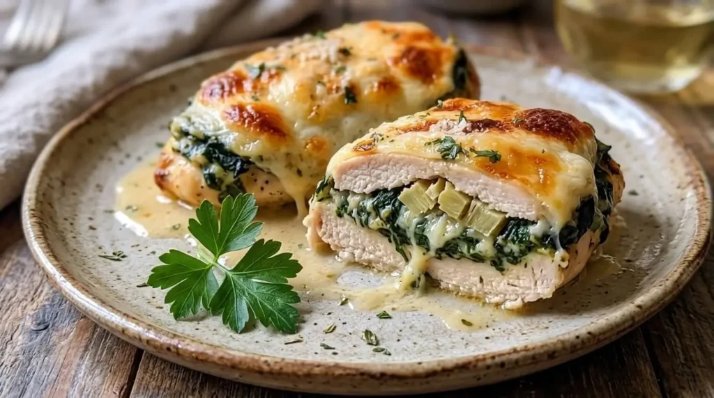 Cross section slice of Chicken Florentine Casserole showing the creamy spinach artichoke filling and melted mozzarella top.
