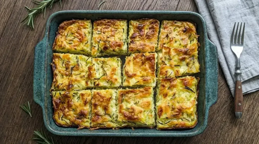 Freshly baked Mediterranean crustless zucchini quiche with a golden parmesan top cut into square slices in a ceramic baking dish.