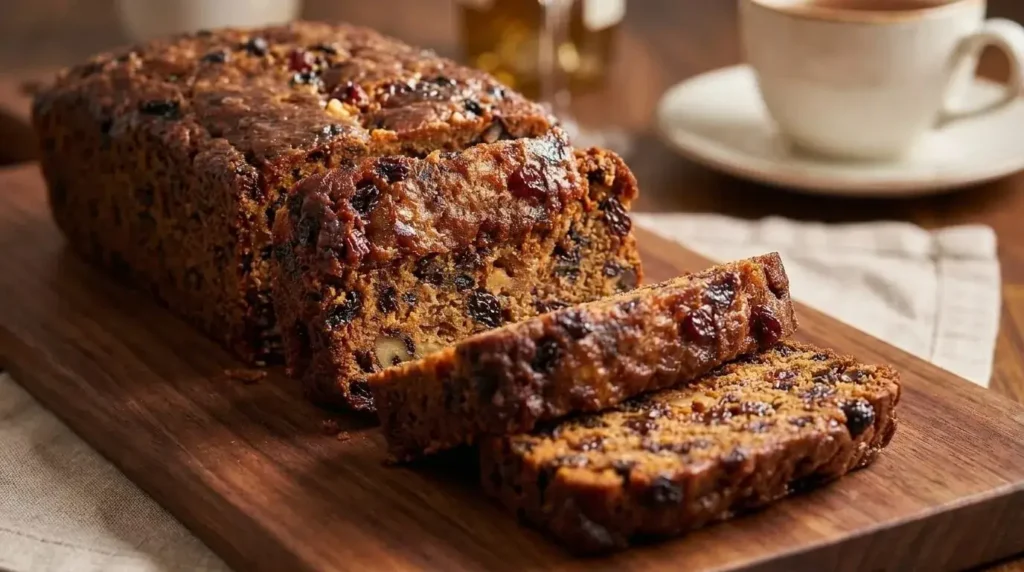 Freshly sliced tea soaked moist fruit cake loaf with dried figs, raisins, and walnuts on a dark wood board.