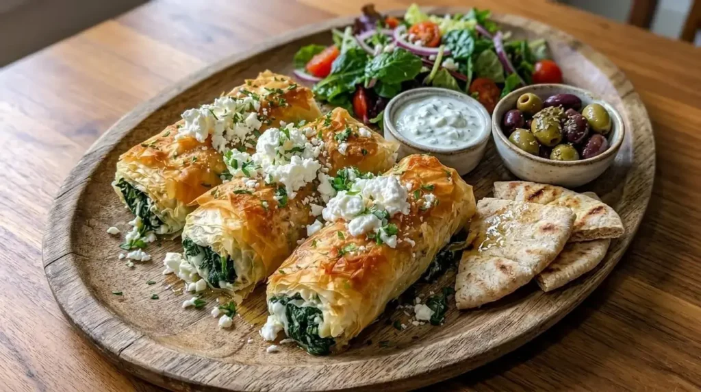 Golden crispy spanakopita rolls topped with crumbled Greek feta cheese and fresh parsley served with tzatziki sauce and side salad.