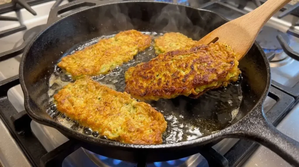 Oblong zucchini fritters pan-frying to a golden brown crust in extra virgin olive oil in a skillet.