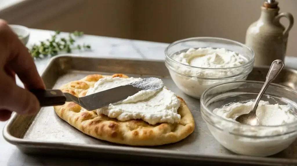 Spreading fluffy whipped goat cheese and Greek yogurt onto a warm toasted naan flatbread.