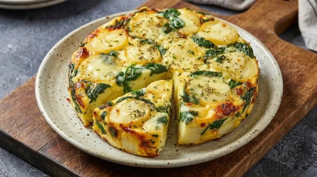 Golden brown Spinach and Potato Frittata with melted cheese, layered potato rounds, and green spinach served on a plate.