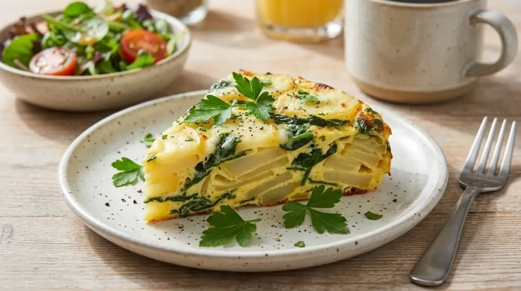 A thick wedge of Spinach and Potato Frittata showing layered potatoes, eggs, and spinach on a white plate.