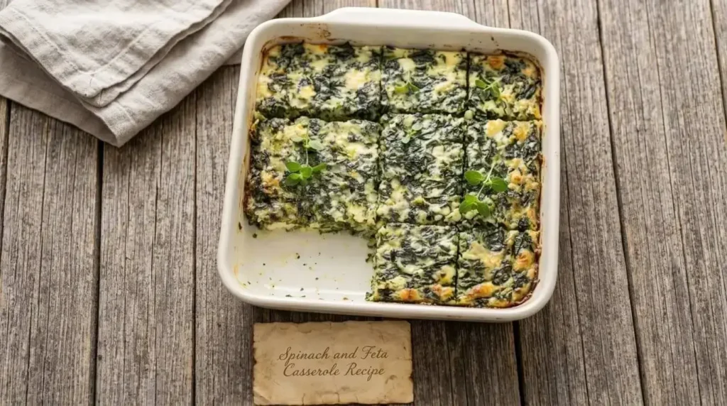 "Freshly baked crustless spinach and feta casserole sliced into squares in a white ceramic dish."
