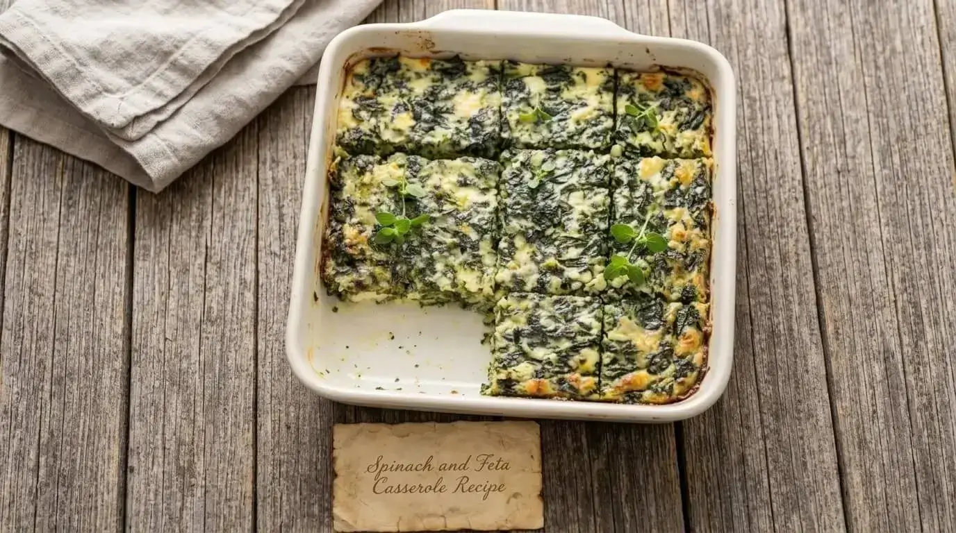 "Freshly baked crustless spinach and feta casserole sliced into squares in a white ceramic dish."
