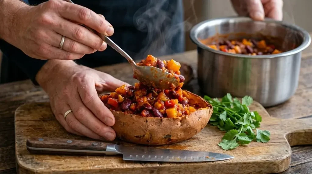 Spooning thick crockpot vegan chili into a hollowed-out baked sweet potato on a cutting board.