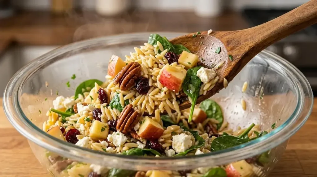 Tossing apple cranberry orzo salad with dressing in a mixing bowl