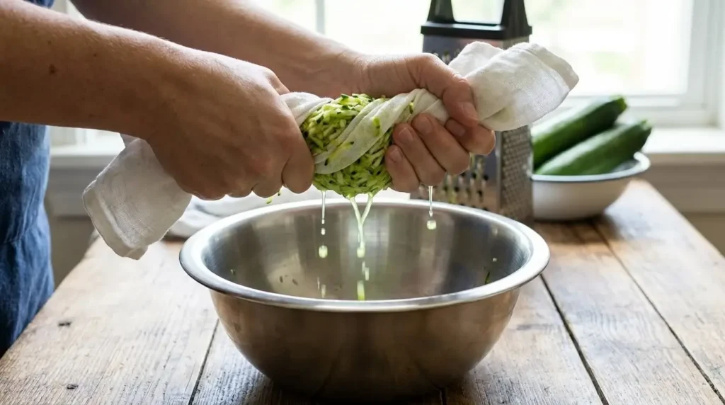 "Hands forcefully squeezing excess liquid out of salted grated zucchini using a white cloth over a bowl."