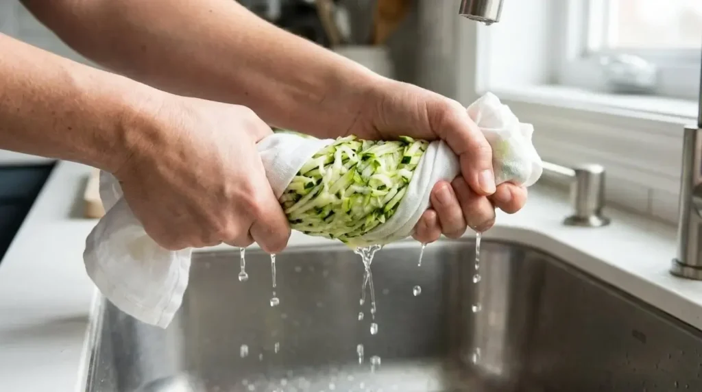 Squeezing excess liquid out of shredded zucchini using a kitchen towel for crispy zucchini bites.