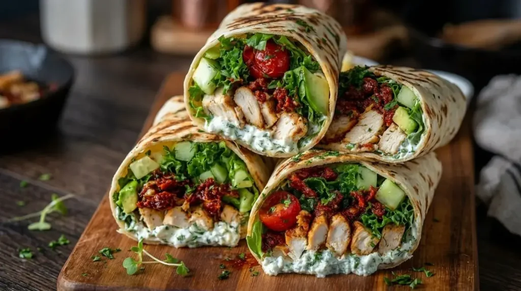 Mediterranean grilled chicken avocado wrap with sun-dried tomatoes, tzatziki, cucumber and fresh vegetables