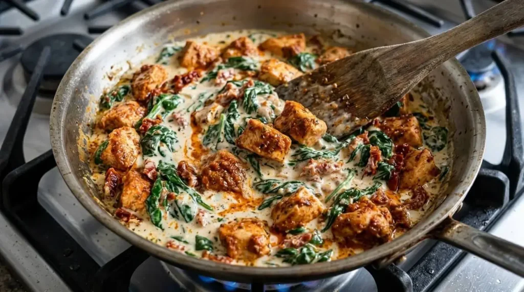Sautéing seasoned chicken, spinach, and sun-dried tomatoes in a creamy Greek yogurt sauce in a skillet.