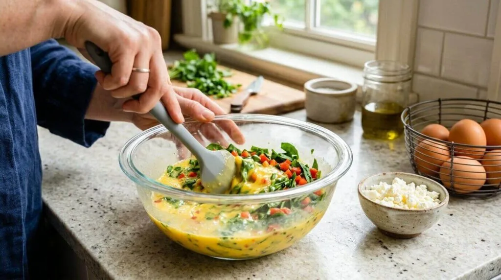 A glass mixing bowl filled with whisked eggs, finely chopped baby spinach, and diced red bell pepper.
