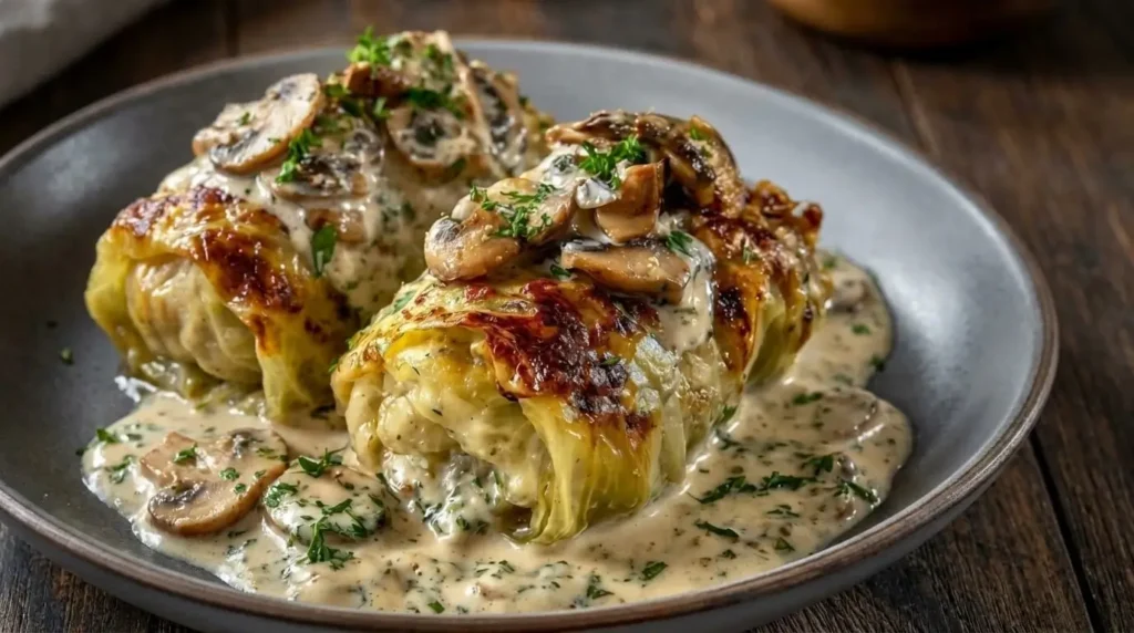 Stuffed cabbage rolls with mushroom sauce seared golden-brown on a plate topped with parsley.